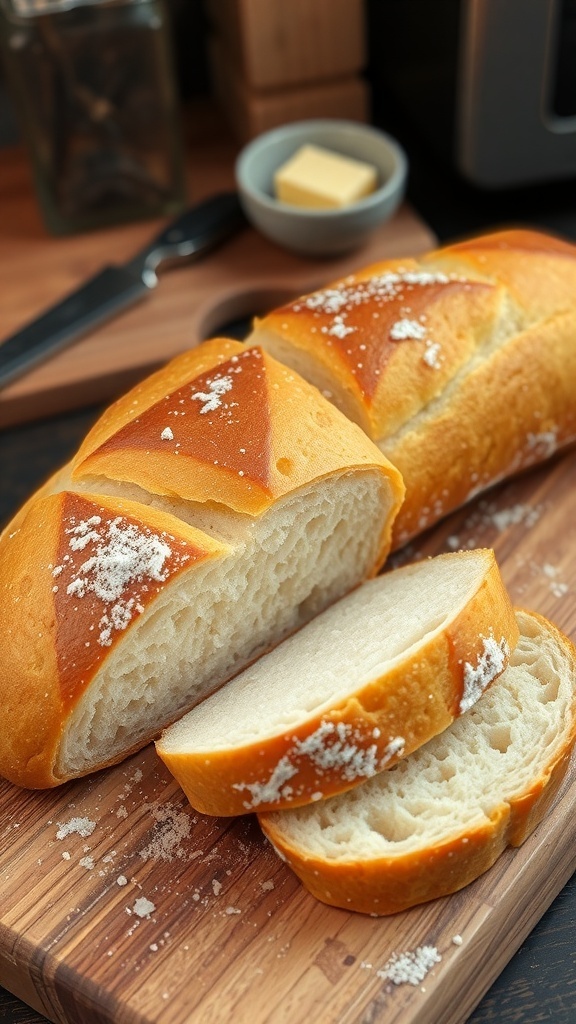 Homemade Long Loaf Sandwich Bread Recipe A golden brown long loaf of sandwich bread, sliced to show fluffy interior, on a wooden board with butter.